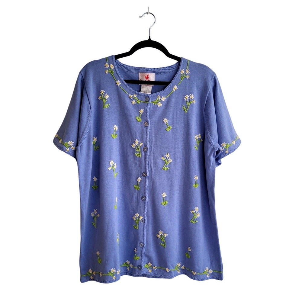 Quacker Factory Daisy Cardigan XL 18/20 Blue Embroidered Button Short Sleeve NEW